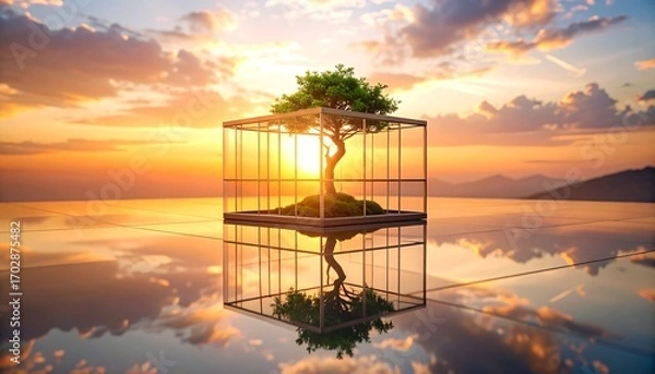 Fototapeta Bonsai Tree in Glass Cube Reflecting Sunset Sky Concept