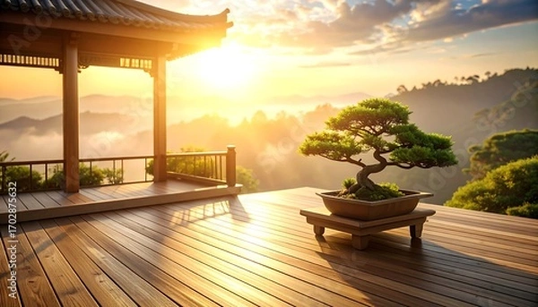 Fototapeta Bonsai Tree on Wooden Deck at Sunrise with Mountain View