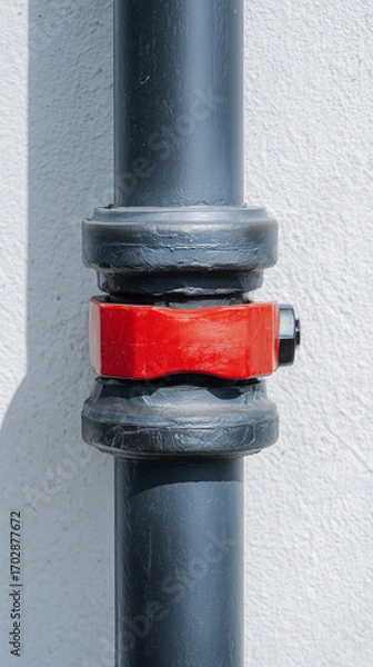 Fototapeta Black plastic pipe with red clamp attached to wall indoors  