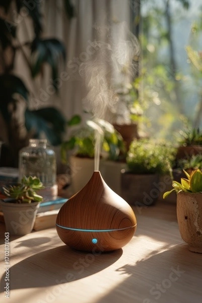 Fototapeta Aromatherapy diffuser emits soothing mist among indoor plants in a cozy setting during golden hour