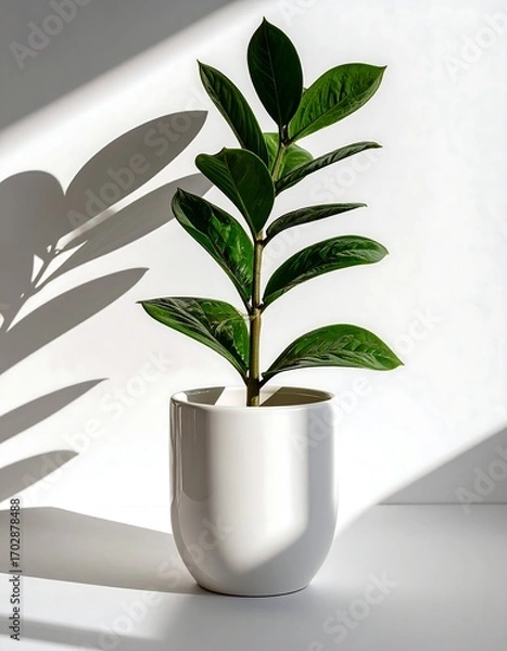 Obraz Green plant in white pot, sunlit shadows