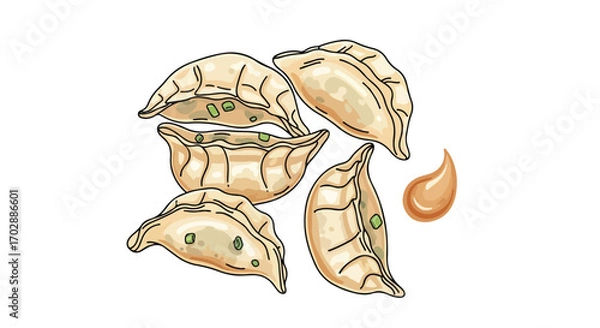 Obraz Delicious Dumplings and Dipping Sauce: An Artistic Illustration of Asian Cuisine and Gastronomic Delights