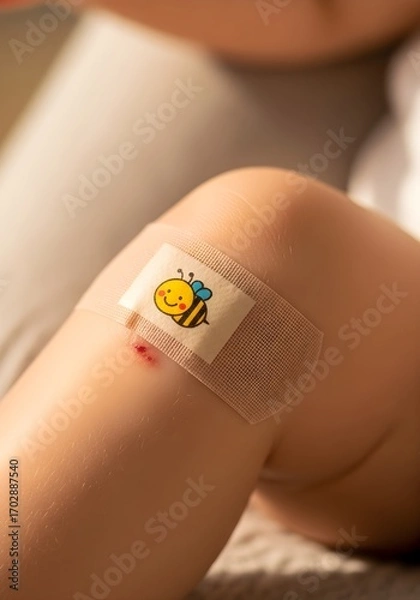 Fototapeta Child with cute bee bandage on scraped knee after playground accident