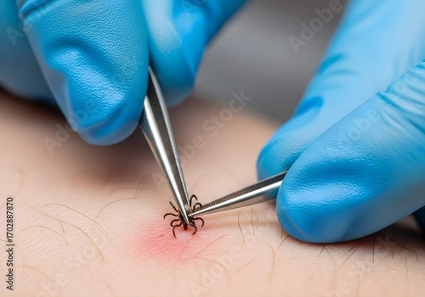 Fototapeta Removing a tick from skin using tweezers medical procedure close up shot