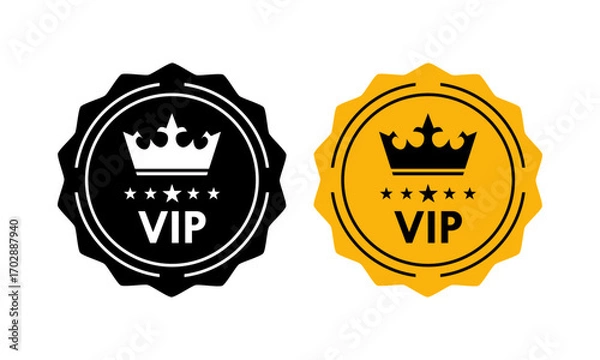 Fototapeta VIP icon collection. Golden vector logo with a royal crown and stars, symbolizing exclusive access, luxury, and premium member status