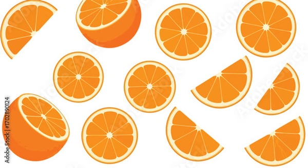 Fototapeta Vibrant Citrus Array: A Cheerful Pattern of Fresh Orange Slices and Halves on a Pristine White Backdrop offering a refreshing taste