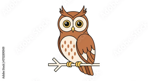 Fototapeta Cartoon owl perched on a branch with a white background in a charming design, perfect for children's books and nature-themed illustrations