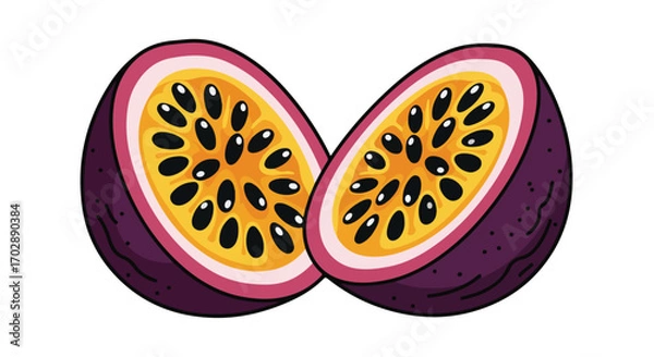 Fototapeta Vivid illustration of two passion fruit halves showcasing pulp and seeds on a clean white background