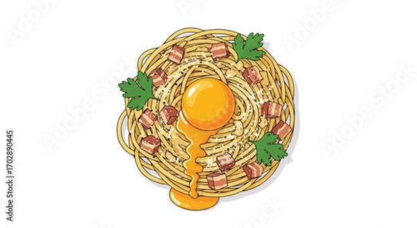 Fototapeta Illustration of Spaghetti Carbonara Dish with Egg Yolk and Bacon Bites on an Isolated White Background