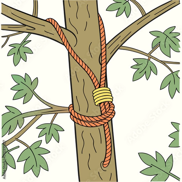 Fototapeta Detailed Illustration of Rope Knot Tied Around Tree Branch