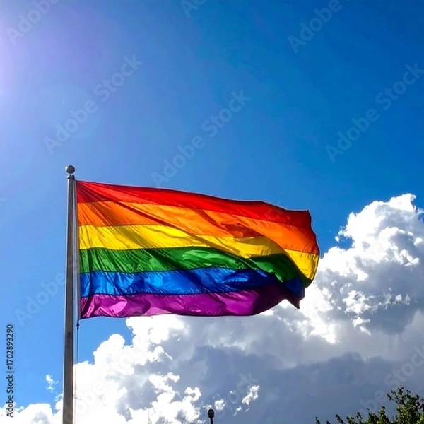 Obraz Pride flag waving in a vibrant blue sky