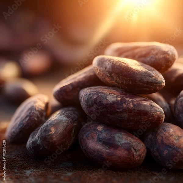 Obraz Pile of Brown Cacao Beans in Golden Light, Close Up