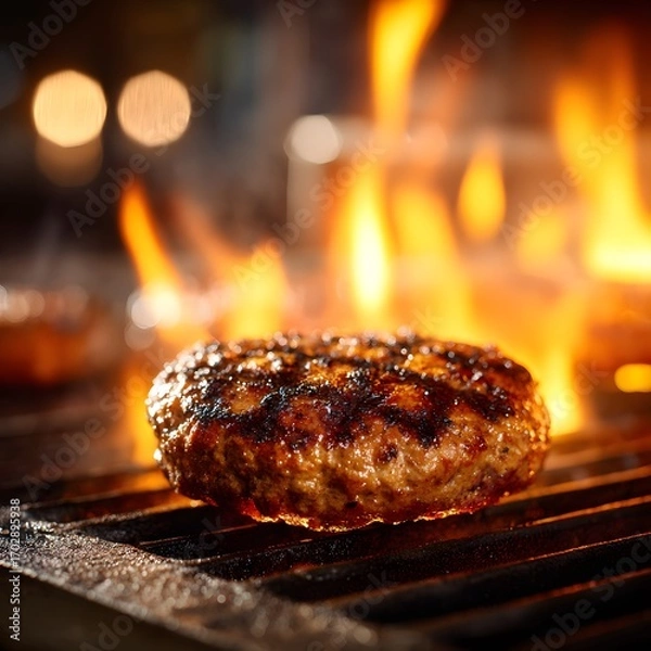 Obraz Grilled Patty with Flames Close Up on Metal Grate Food Preparation