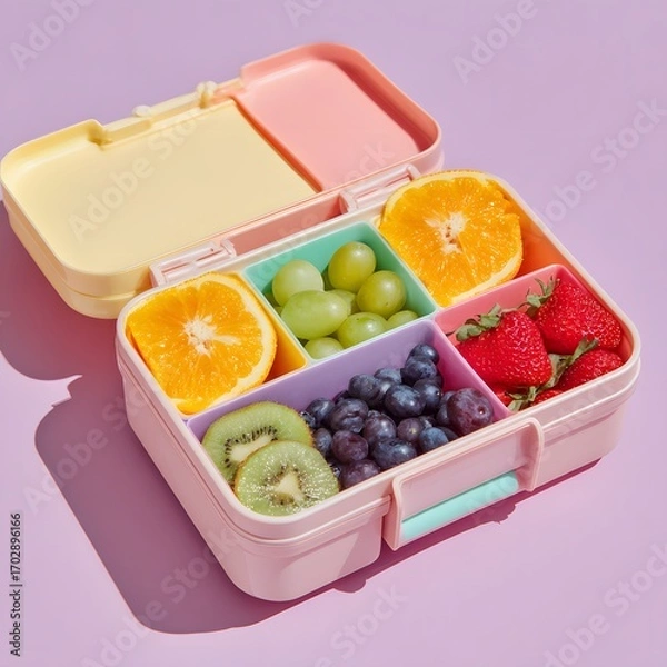 Obraz Colorful Fruit Lunchbox with Orange, Kiwi, Strawberries on Purple Background