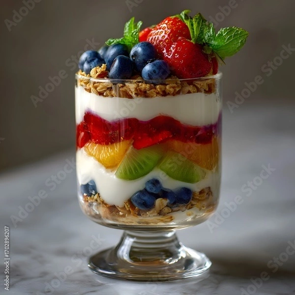 Obraz Colorful Fruit Parfait Glass with Yogurt and Granola on Marble Table