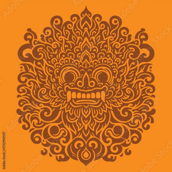 Fototapeta Intricate symmetrical tribal barong bali mask design with swirling patterns and fierce facial features in brown on orange background