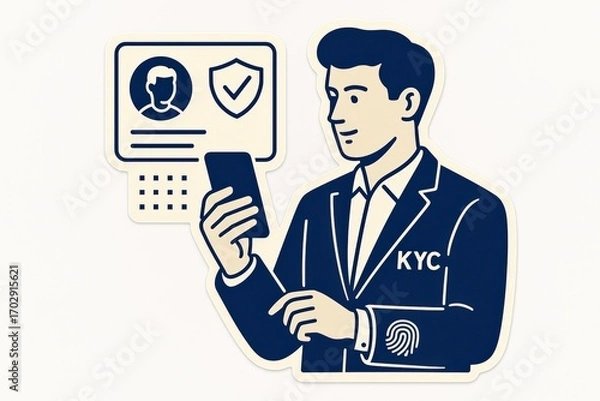 Fototapeta Professional man engaged in KYC process reviewing digital identification on smartphone while ensuring data security and compliance in a dynamic financial environment