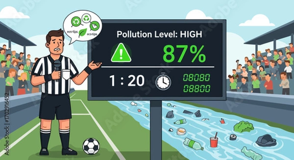 Fototapeta Environmental Awareness Campaign at a Soccer Stadium with Pollution Scoreboard
