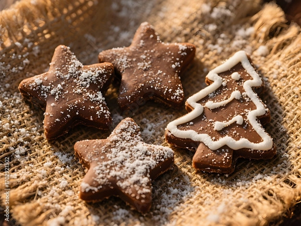 Fototapeta Delicious chocolate starshaped christmas cookies dusted with powdered sugar on a rustic burlap cloth