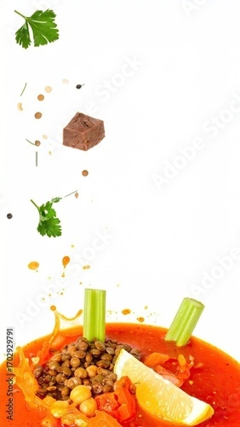 Obraz Delicious Lentil Soup with Fresh Celery and Lemon Slice on White Background Studio Shot
