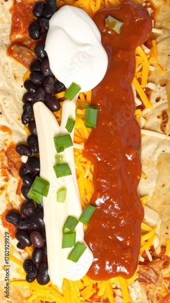 Obraz Top View of Open Burrito with Black Beans, Cheese, Sour Cream, Salsa, and Green Onions
