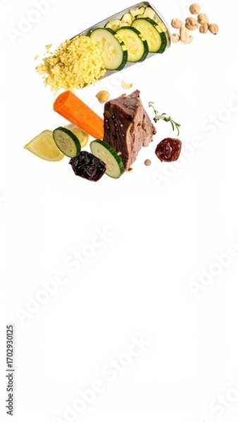 Obraz Deconstructed Gourmet Dish with Couscous, Zucchini, Carrot, and Beef on a White Background