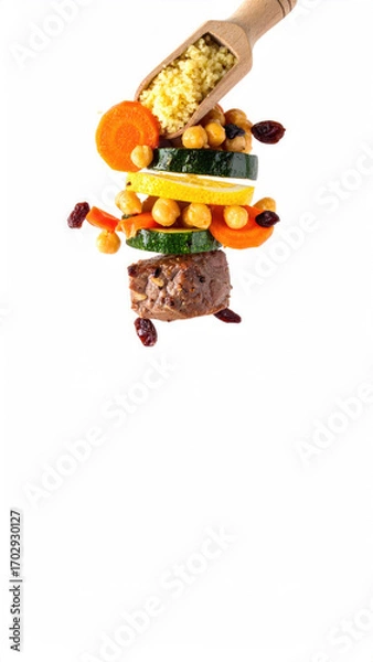 Obraz Stacked Food Ingredients with Couscous, Carrot, Zucchini, and Beef on White Backdrop
