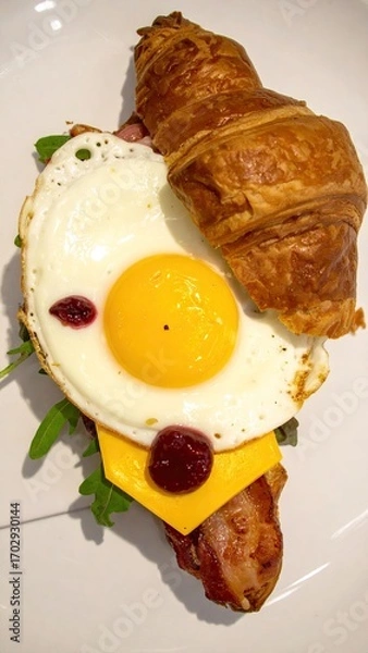Obraz Gourmet Croissant Sandwich with Fried Egg, Cheese, and Bacon on a White Plate