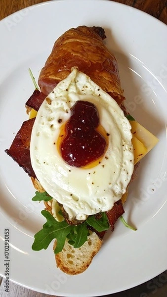 Obraz Delicious Croissant Sandwich with Fried Egg, Bacon, Cheese, and Arugula on a White Plate