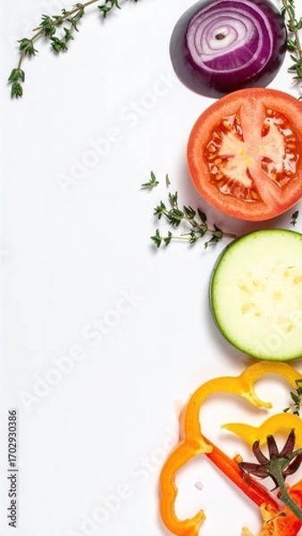 Obraz Fresh Cut Vegetables and Herbs on White Background for Culinary and Healthy Eating