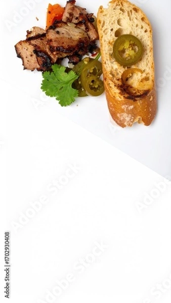Obraz Grilled Meat Slices with Bread, Pickles, Tomato, and Cilantro on a White Surface