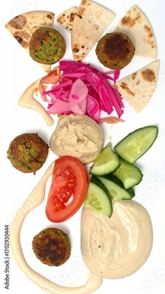 Obraz Colorful Falafel Plate with Pita, Pickled Turnips, Hummus, and Fresh Vegetables on White