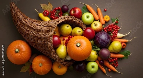 Fototapeta Abundant Cornucopia Overflowing with Fresh Fall Harvest Fruits and Vegetables