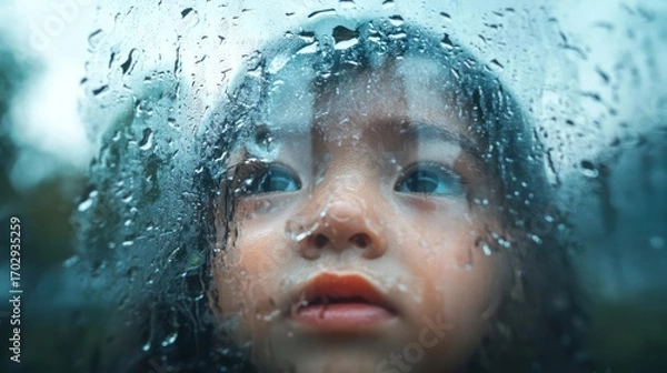 Fototapeta Contemplative child gazing through rain-streaked glass, capturing a moment of quiet reflection on
