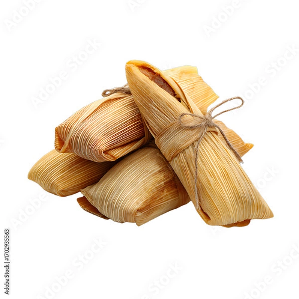Fototapeta A stack of flavorful tamales wrapped in corn husks and tied with twine ready to be enjoyed as a savory treat