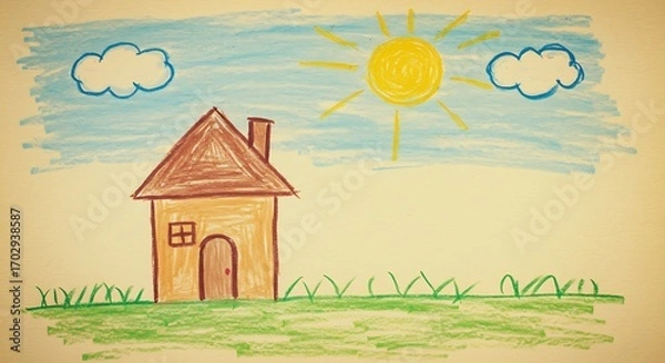 Fototapeta Exclusive A child's drawing from the 90s, made with crayons, featuring a simple house and sun, a nostalgic artifact HD Image
