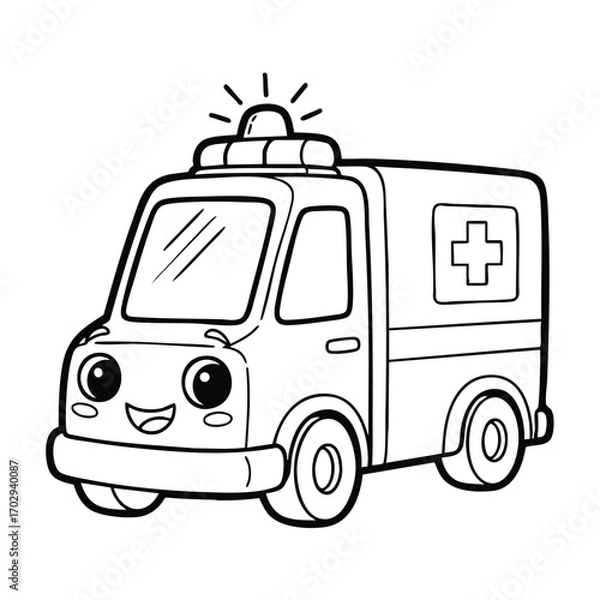 Fototapeta Cute cartoon ambulance vehicle with smiling face and medical cross symbol on the side for kids coloring page