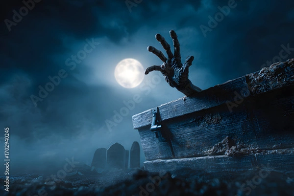 Fototapeta Zombie hand rising from coffin under full moon in graveyard