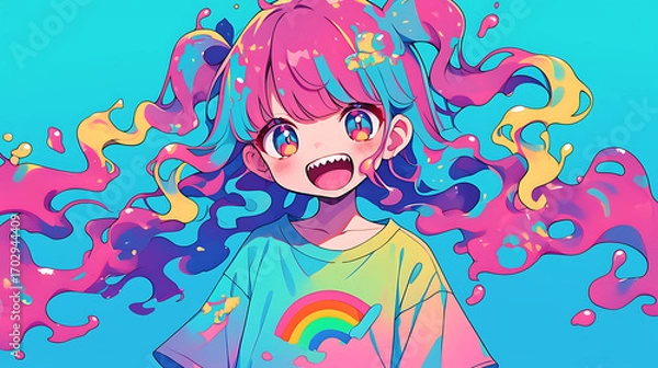 Fototapeta Colorful animated character with vibrant hair and playful expression against a bright backdrop
