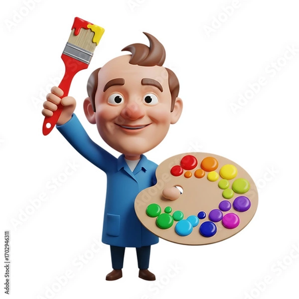 Fototapeta Smiling 3D rendered male artist character in a blue smock holding creative tools, a colorful paint palette and brush
