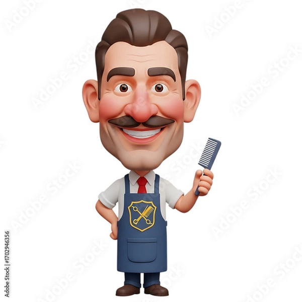 Fototapeta Charming and professional cartoon barber character ready to provide expert grooming services, cheerfully holding a clipper against a clean white background