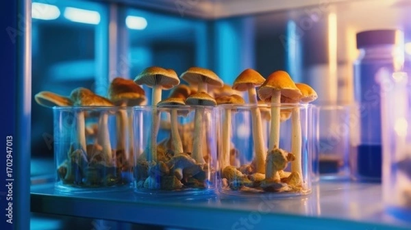 Fototapeta Medical mushroom samples in sterile glass petri dishes, illuminated under soft laboratory lights, modern lab background.