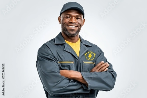 Fototapeta Confident male electrician posing with a welcoming smile in a professional uniform showcasing expertise and readiness to tackle electrical challenges in an efficient workplace setting