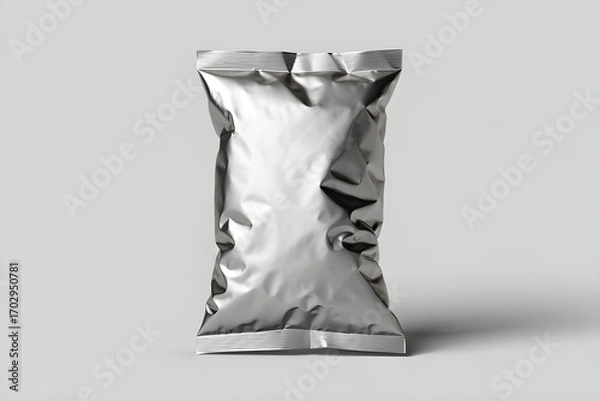 Obraz Silver foil snack bag with crimped edges on light gray background food