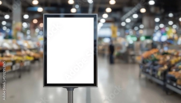 Fototapeta Mock up blank price board poster sign display with supermarket aisle abstract background