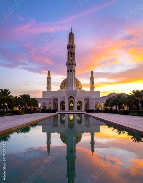 Fototapeta Mosque at sunset, reflected in a tranquil pool