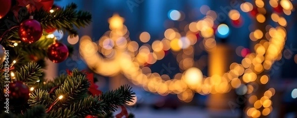 Fototapeta Captivating image of a Christmas tree decorated with ornaments and festive lights against a soft, blurred bokeh background