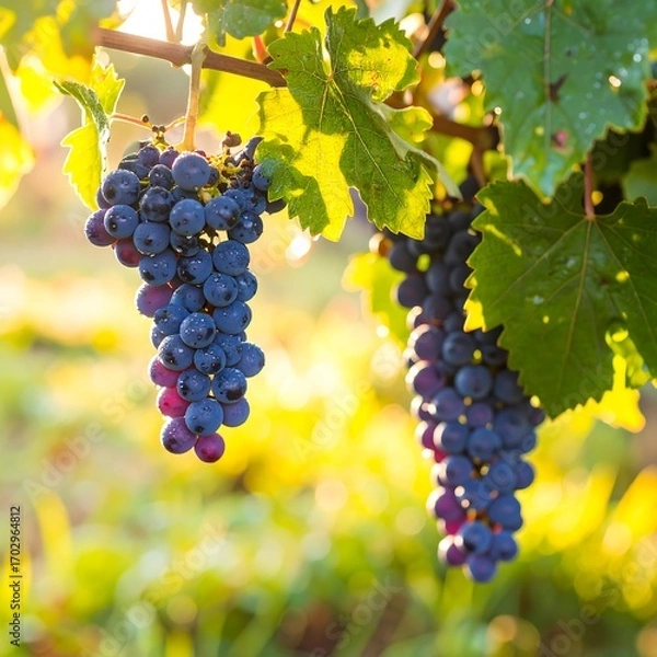 Fototapeta Close-up of clusters of ripe dark purple grapes hanging from vines in sunlight