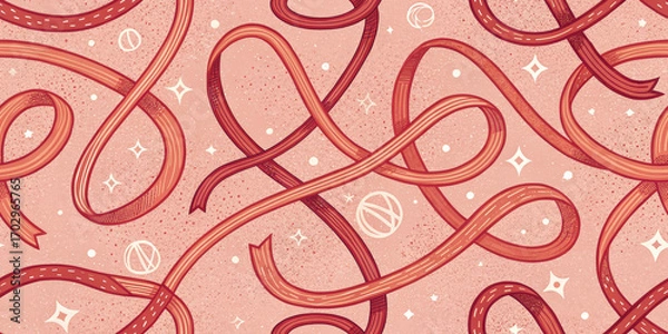 Obraz Whimsical Ribbon Pattern with Stars and Circles Playful Design in Red and Pink Hues for Art