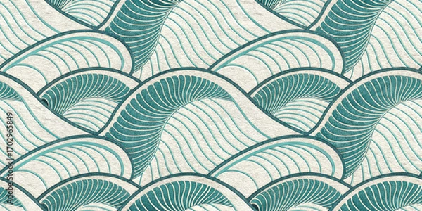 Fototapeta Abstract Waves Pattern in Teal and Beige Seamless Repeating Design for Modern Backgrounds